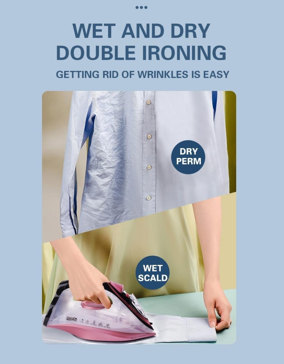 DSP electric iron demonstrating wet and dry double ironing mode for wrinkle-free clothes