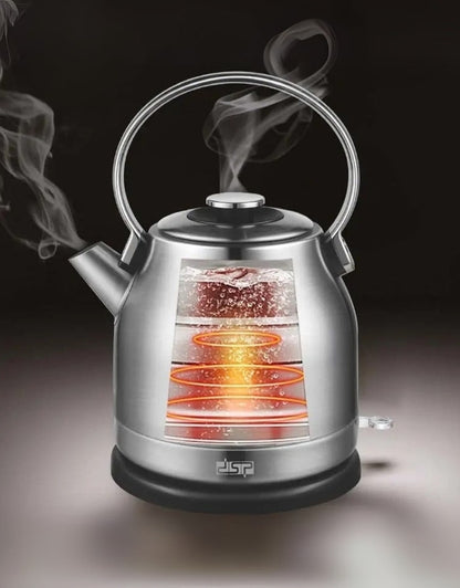 Visualization of DSP stainless steel kettle showing internal heating coil and rapid boiling function with steam