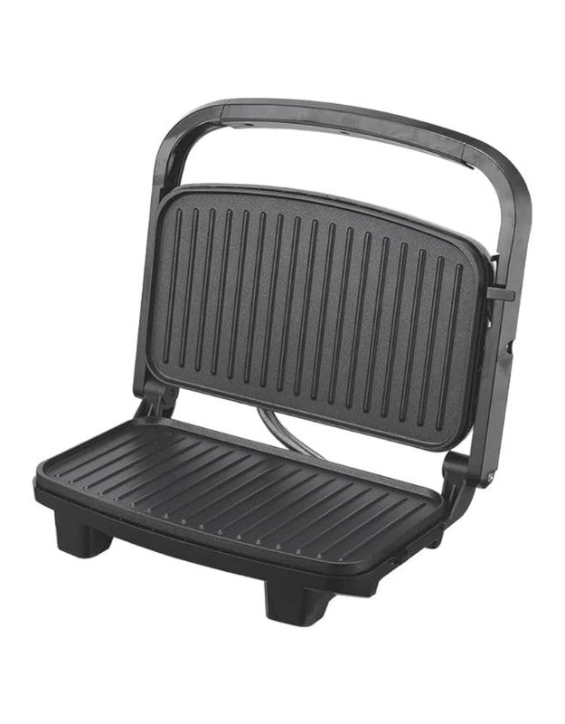 A black non-stick electric grill with a closed lid, showcasing its ridged cooking surface and cool-touch handle.