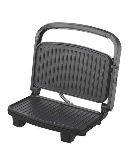 A black non-stick electric grill with a closed lid, showcasing its ridged cooking surface and cool-touch handle.
