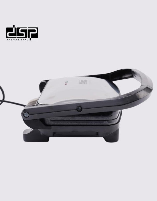Side view of DSP electric panini grill with black handle.