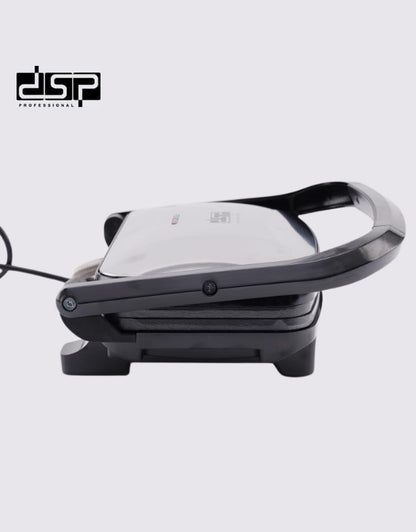 Side view of DSP electric panini grill with black handle.