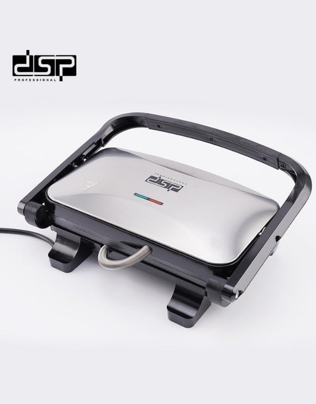 DSP professional stainless steel electric panini grill closed top view.
