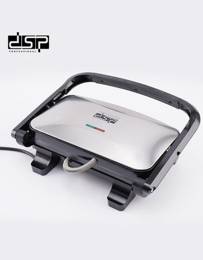 DSP professional stainless steel electric panini grill closed top view.