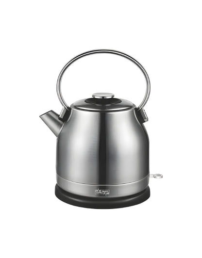 DSP electric stainless steel kettle with 1.7-liter capacity and 2200W power, featuring ergonomic handle and spout design