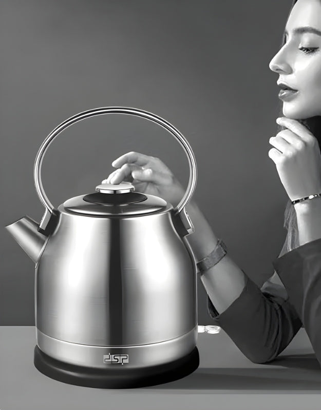 DSP electric stainless steel 1.7L kettle with elegant rounded design and woman admiring its modern appearance
