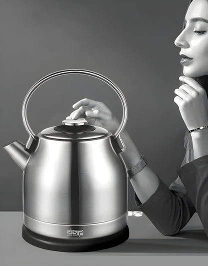 DSP electric stainless steel 1.7L kettle with elegant rounded design and woman admiring its modern appearance