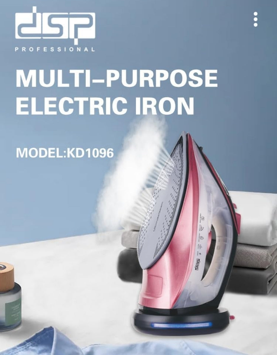 DSP multi-purpose electric iron model KD1096 emitting steam on folded clothes, perfect for home ironing