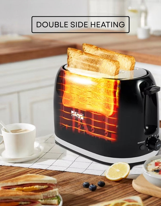 DSP black toaster showing double side heating feature with toasted bread slices.