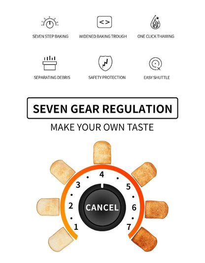 DSP toaster seven gear regulation dial showing different bread browning levels.