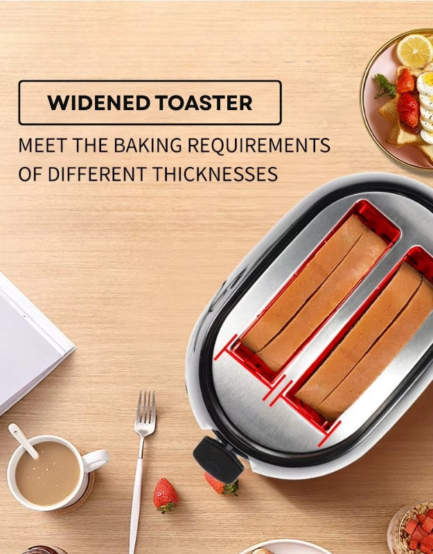 Top view of DSP black toaster with widened slots for thick bread slices.