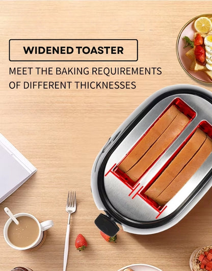 Top view of DSP black toaster with widened slots for thick bread slices.