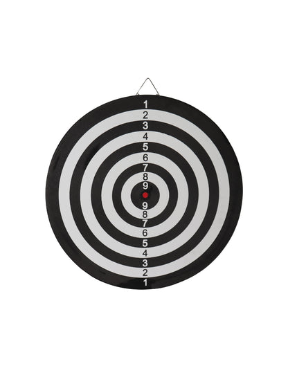 Black and white circular bullseye dart board with numbered rings