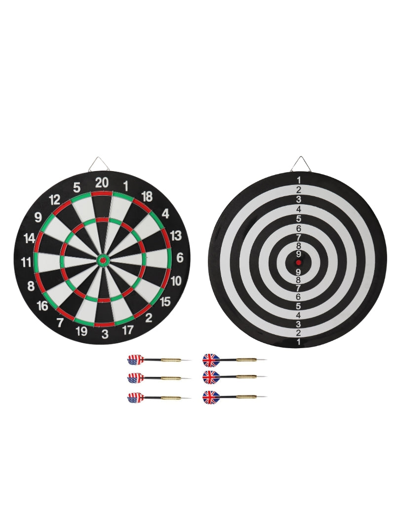 Dual-side tournament dart board set with steel numbers and six steel-tip darts