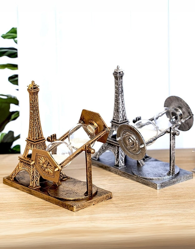 Gold and Silver Eiffel Tower Hourglass Timers – Tilted Position Side by Side