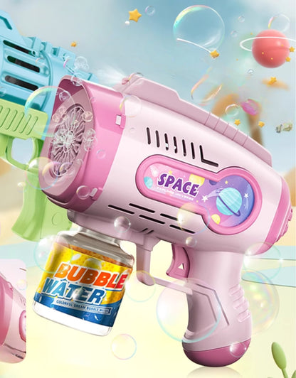 Pink electric bubble gun toy creating bubbles with colorful background
