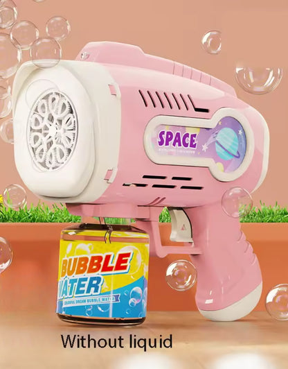 Close-up of pink electric bubble machine toy producing bubbles with bubble water bottle attached