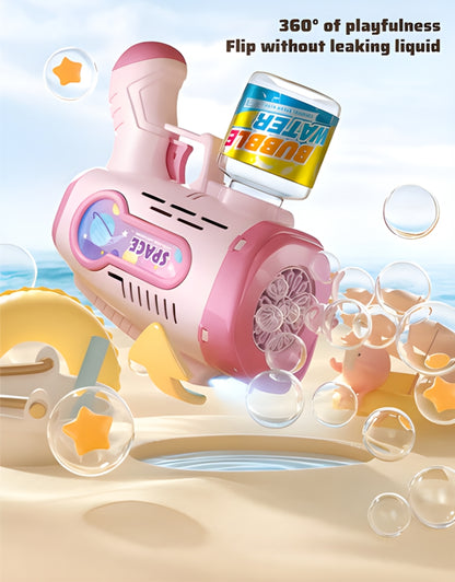 Electric bubble machine gun toy flipped upside down showing leak-proof bubble water design