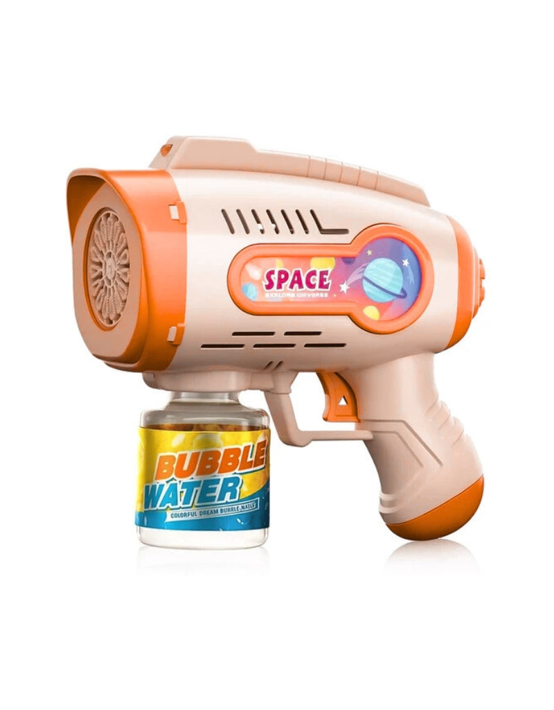 Orange and beige electric bubble machine shooting gun toy with bubble water bottle