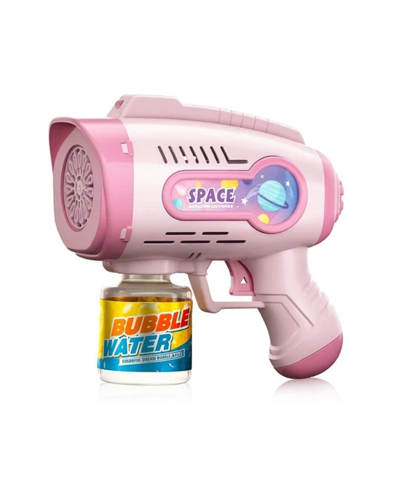 Pink electric bubble machine shooting gun toy with attached bubble water bottle