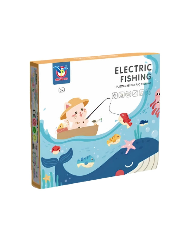 The product box for the "Electric Fishing" toy, featuring a cartoon illustration of a cat character on a boat fishing with a large whale and fish in the water