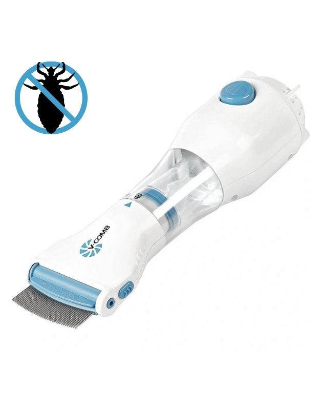 An electric vacuum comb device designed for lice removal, with a white body, blue accents, and a screen showing the lice being sucked up.