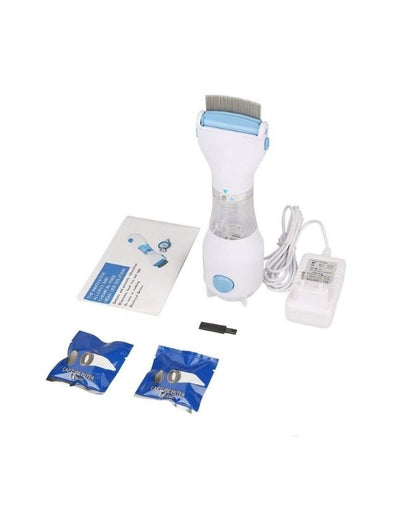 Electric foot care device with accessories on a white background.
Electric lice comb V-Comb complete kit with filters, charger, and accessories.