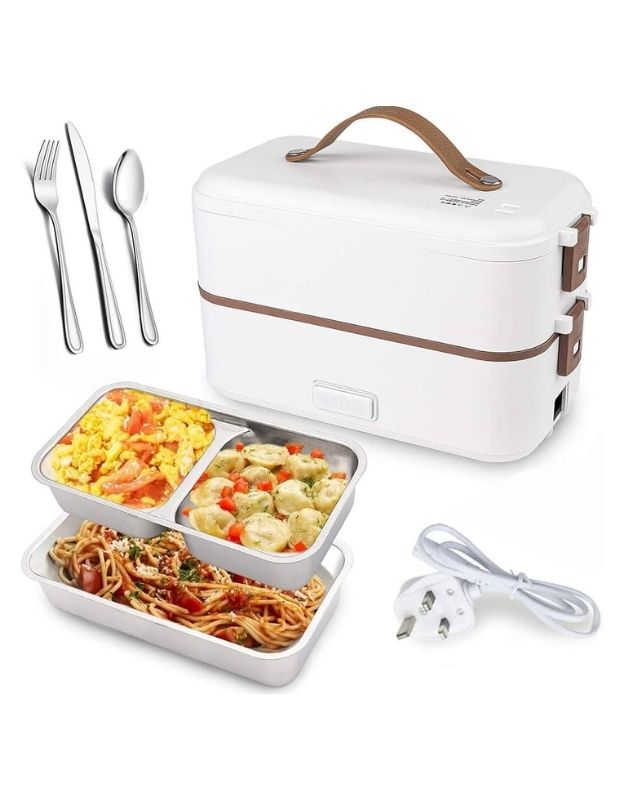 This is a portable electric lunch box with a two-tier design. It features stainless steel food containers, a power cord for heating, and includes a fork, knife, and spoon. Ideal for heating or keeping meals warm on the go.