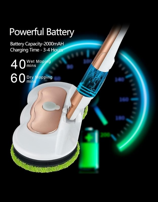 Electric spin mop with 2000mAh rechargeable battery offering 40 minutes wet mopping and 60 minutes dry mopping.