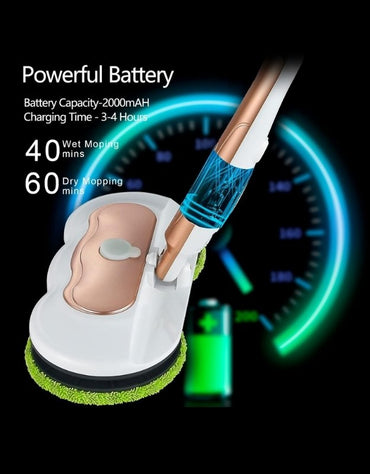 Electric spin mop with 2000mAh rechargeable battery offering 40 minutes wet mopping and 60 minutes dry mopping.