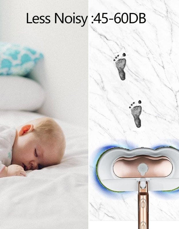 Low-noise electric spin mop operating at 45–60 dB, safe for quiet cleaning around babies.
