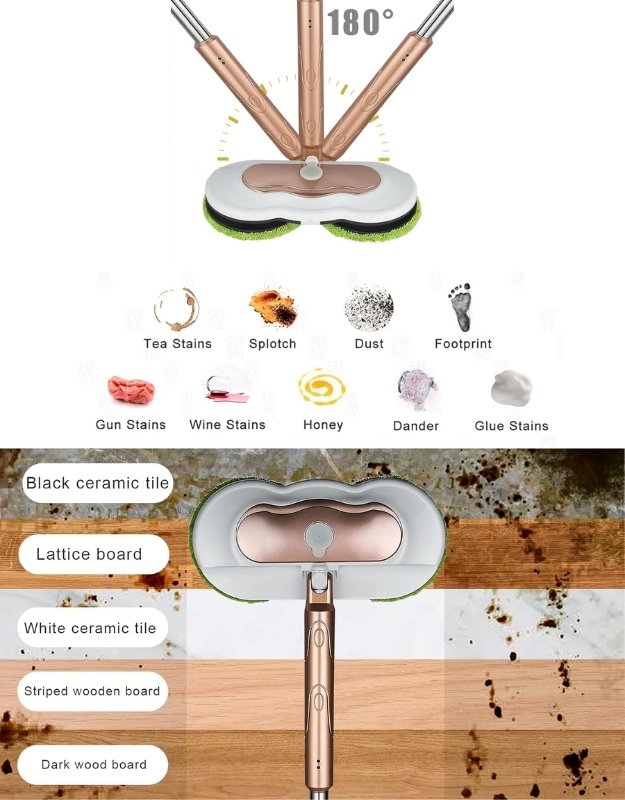 Electric spin mop suitable for removing stains like tea, wine, dust, and footprints on wood, tile, and ceramic floors.