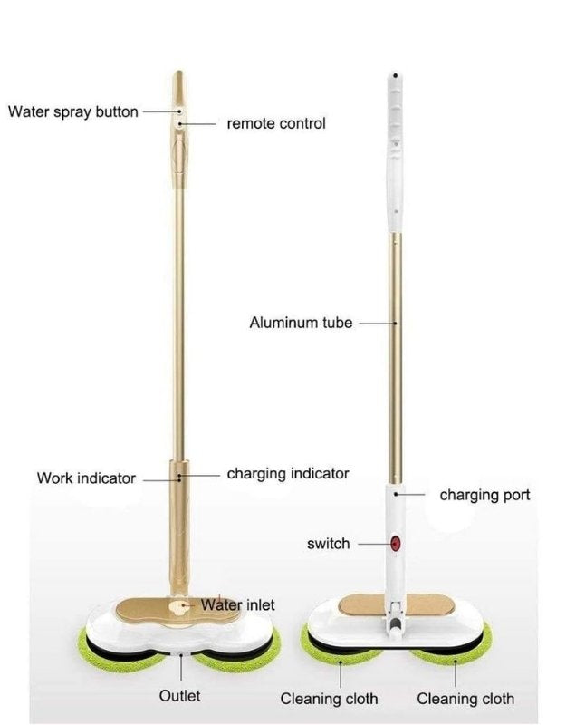 Cordless electric spin mop showing labeled parts including water spray button, remote control, charging port, and cleaning cloths.