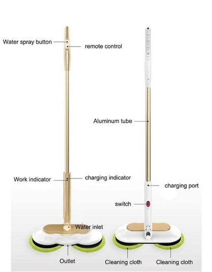 Cordless electric spin mop showing labeled parts including water spray button, remote control, charging port, and cleaning cloths.