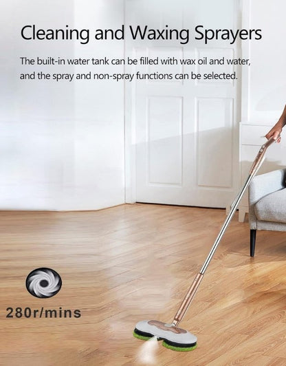 Electric spin mop with built-in water tank for cleaning spray and floor waxing function.