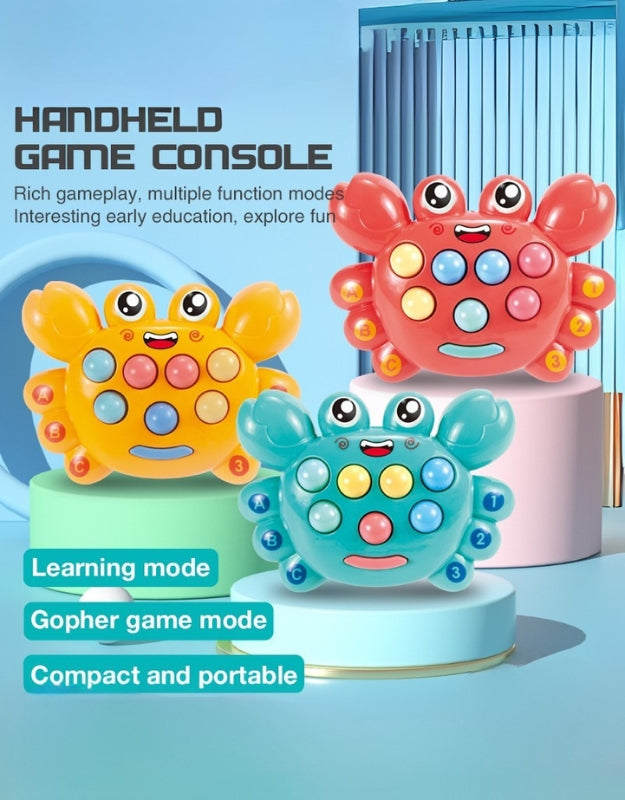 A flat product shot of the colorful, electronic Whack-a-Mole game with three light-up moles and a small plastic mallet