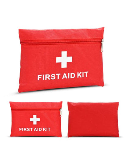 Zippered red first aid kit pouch shown front and back.