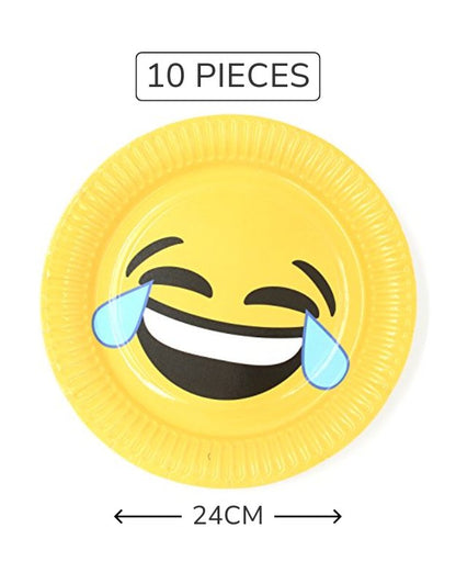 A set of yellow paper plates with a cartoon emoji design, accompanied by orange plastic cutlery, against a green background with decorative stars.