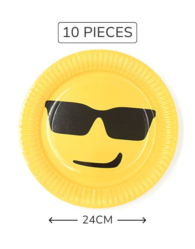 A set of yellow paper plates with a cartoon emoji design, accompanied by orange plastic cutlery, against a green background with decorative stars.