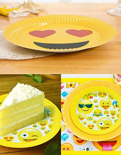 Emoji paper plates with assorted designs including sunglasses, kiss, and laughing faces, 24 cm, set of 10.