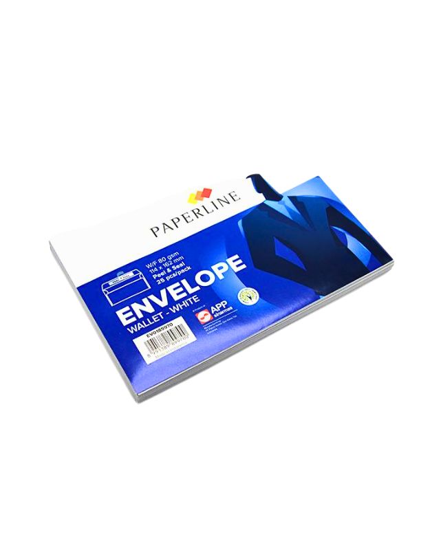 Pack of Paperline white wallet envelopes in blue packaging, containing 25 pieces, lying flat on a white surface.