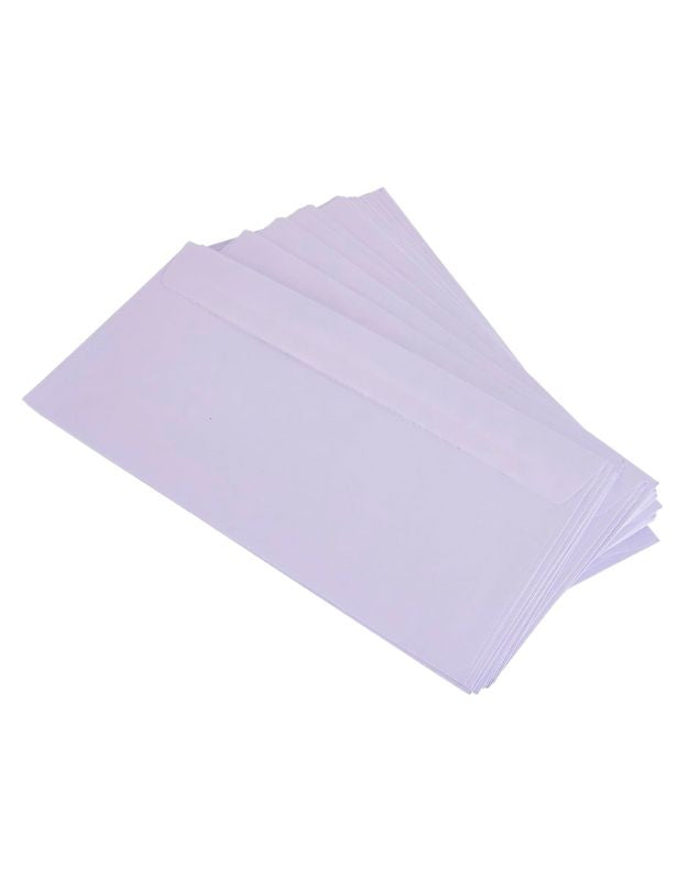 Stack of plain white envelopes fanned out on a white background.