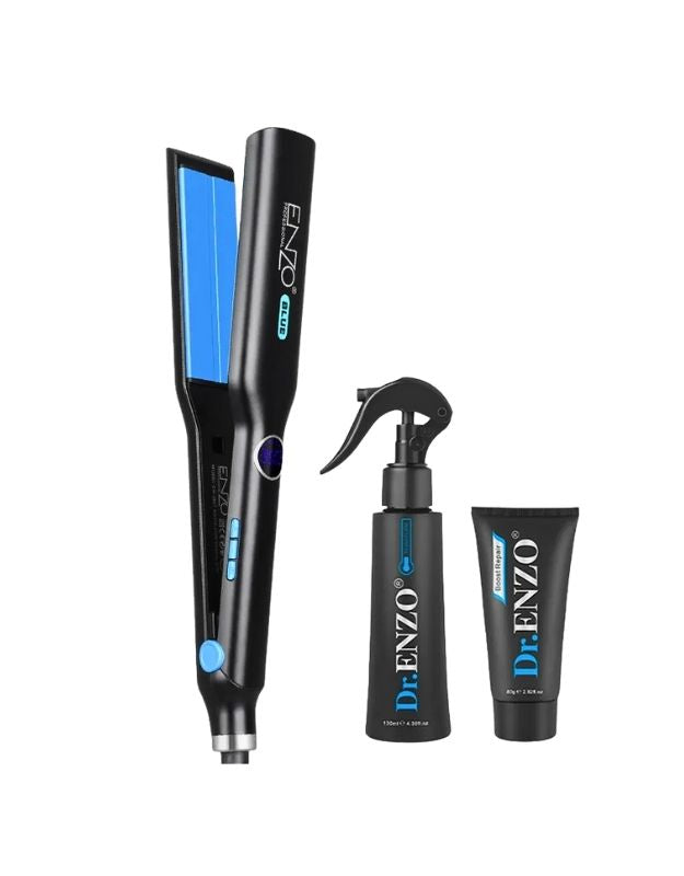 Enzo EN-3867 professional hair straightener set with adjustable temperature, spray bottle, and serum