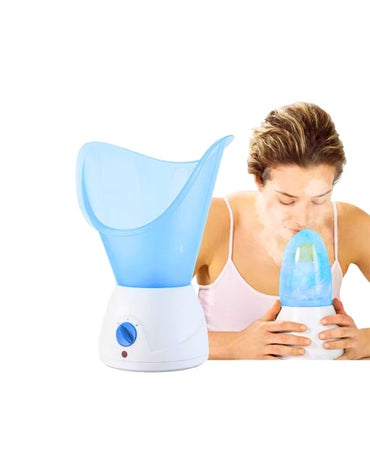 Enzo EN-8102 face steaming machine warm mist shown with woman steaming face for moisturizing.