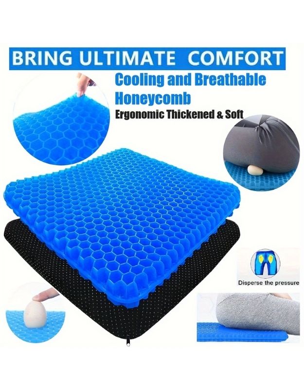 Cooling gel seat cushion for pressure relief and comfort.