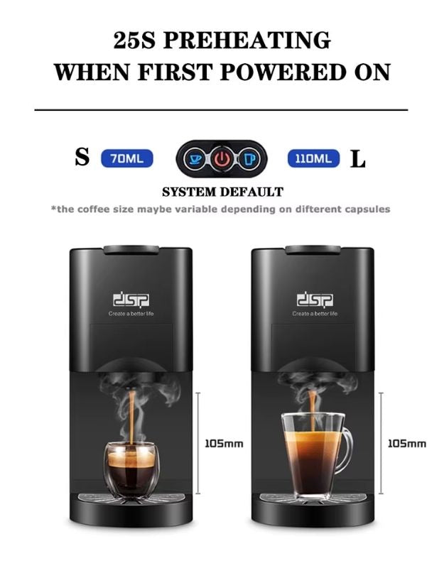 Coffee machine with 70ml and 110ml cup size options and preheating function.
