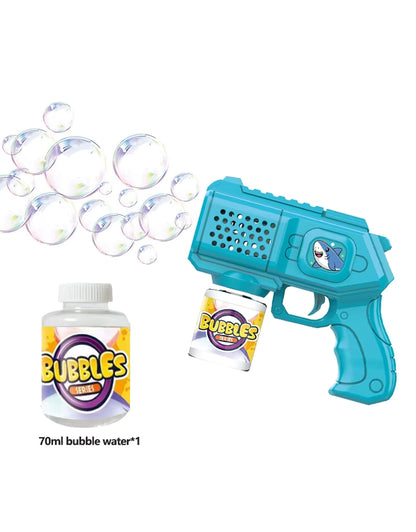 Blue automatic bubble gun toy with included bubble water bottle and floating bubbles