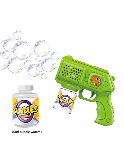 Green automatic bubble gun toy with bubble water bottle attached and bubbles floating around