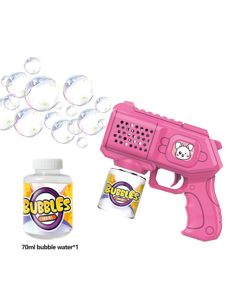 Pink automatic bubble gun toy with included bubble water bottle and bubbles floating around.