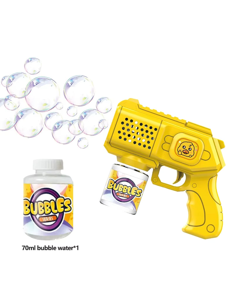 Yellow automatic bubble gun toy with bubble water bottle and bubbles in the background.
